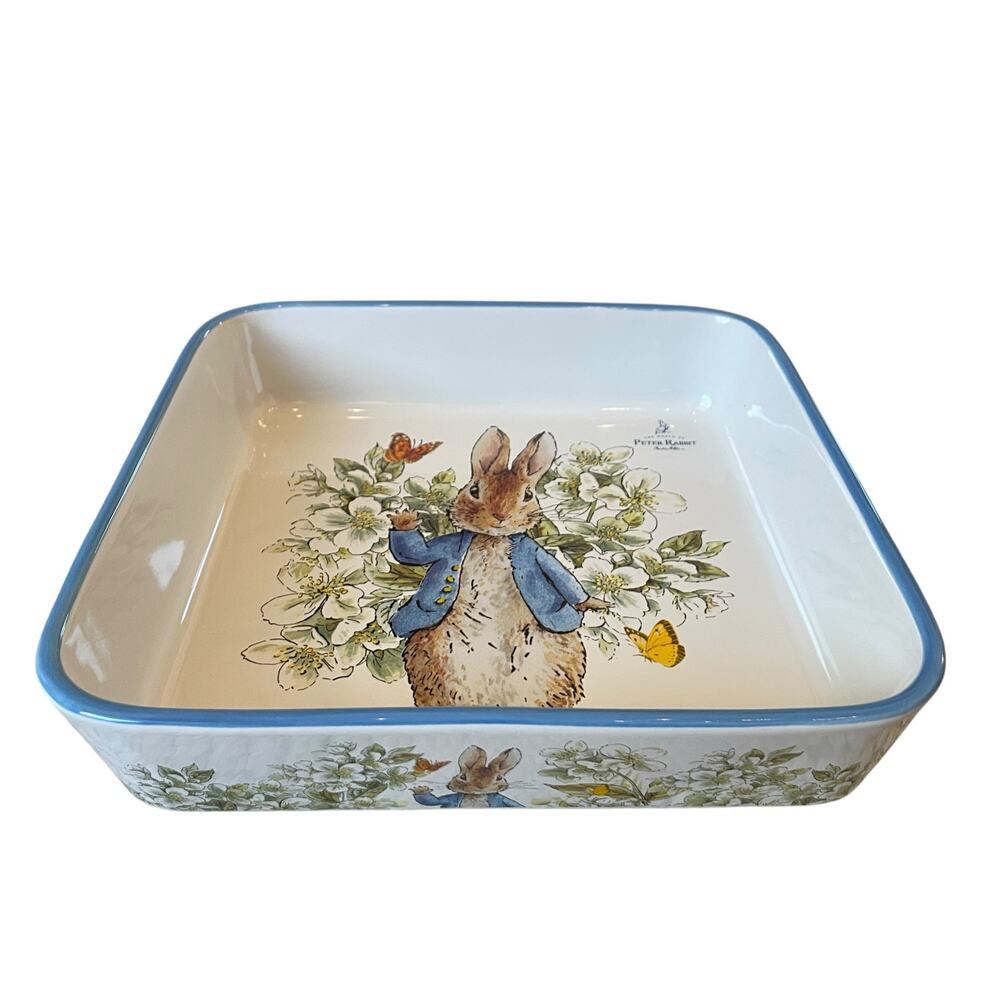 Beatrix Potter Peter Rabbit 9" Square Ceramic Baker Blue Rim Easter Bakeware NEW - Picture 2 of 13
